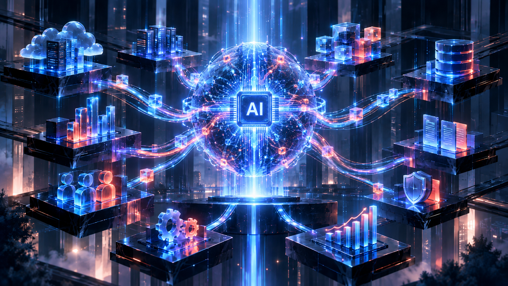 Premium Tech enterprise AI illustration centered on an AI chip, representing Innovain's evolution toward business-focused artificial intelligence.