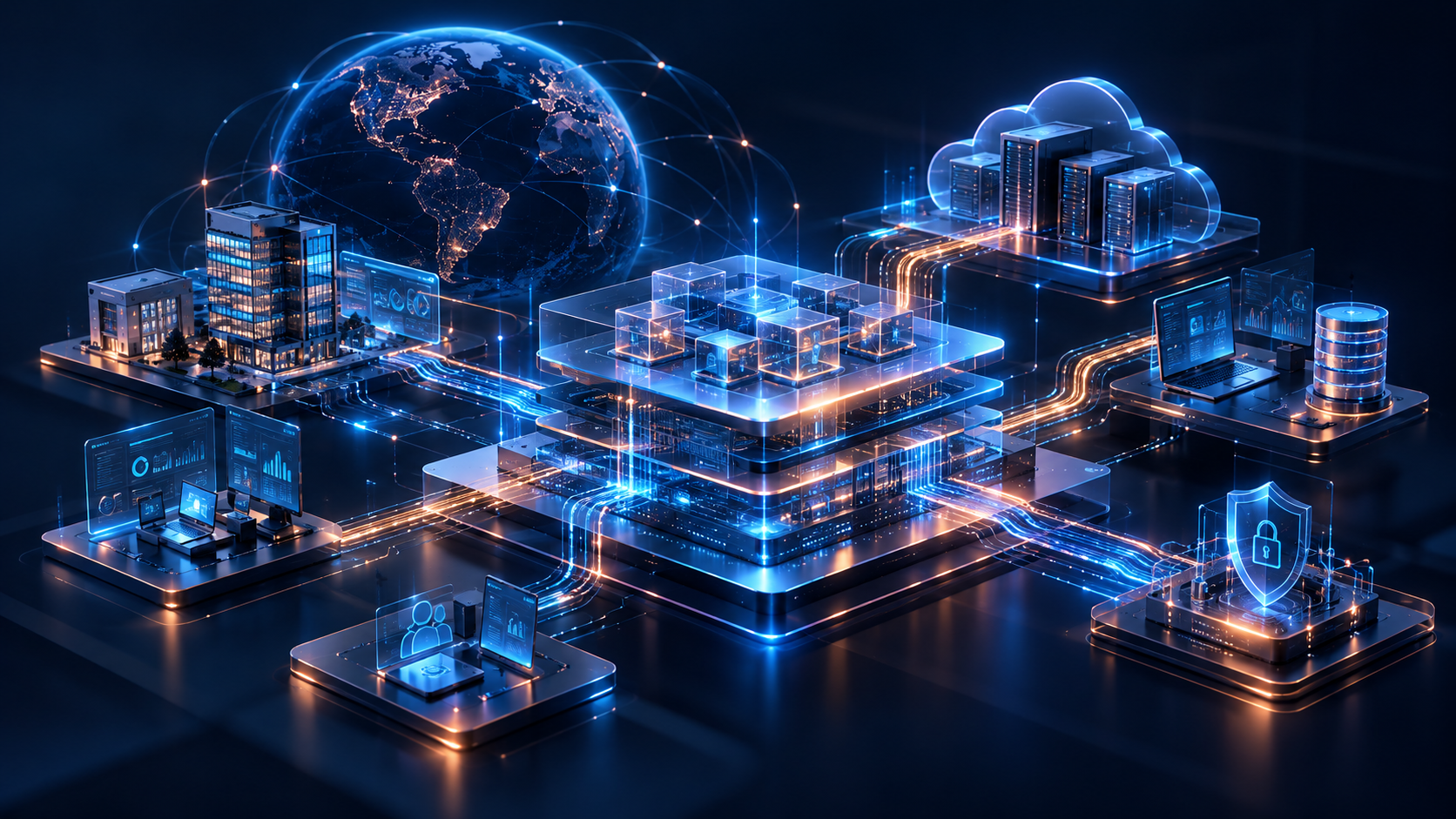 Premium Tech illustration of enterprise software engineering, .NET development and connected business systems.